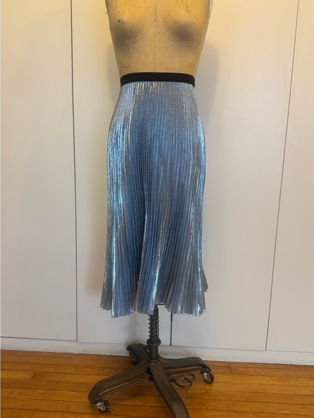 Pinko Metallic Light Blue Pleated Midi Skirt with Black Waistband